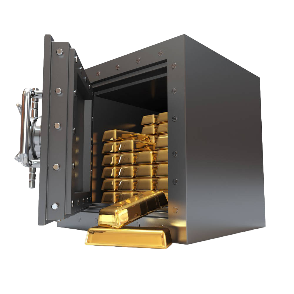 Bank vault with open door showing bars of gold. 